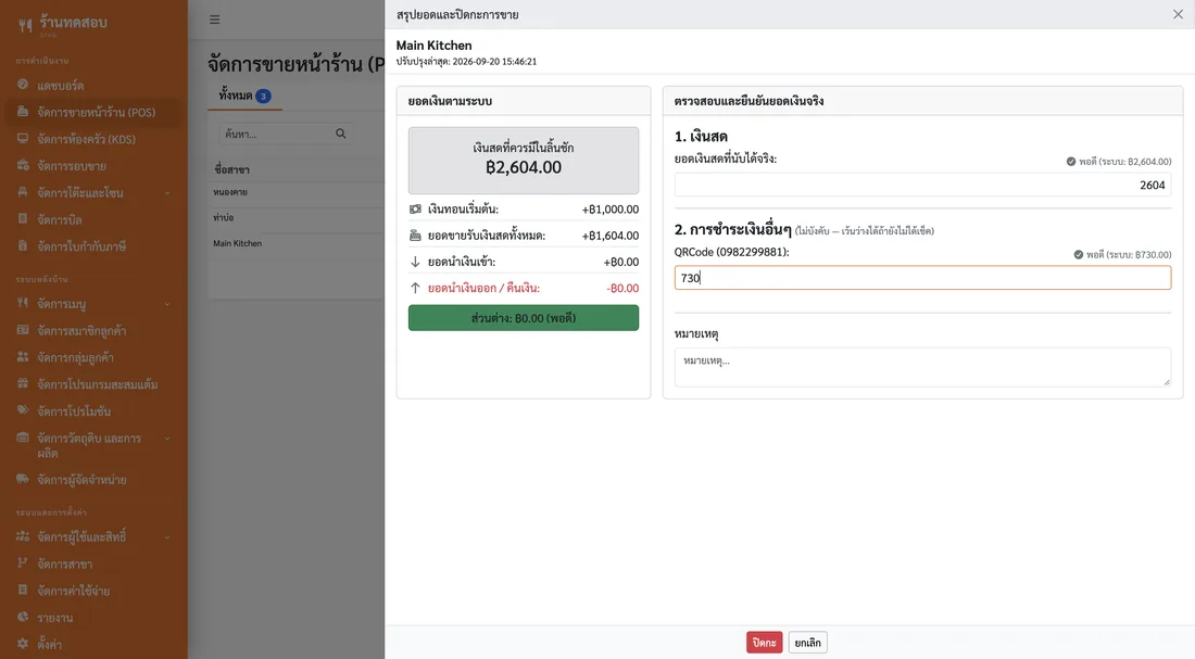 หน้าปิดกะของ SivaPOS แสดงยอดเงินที่นับได้เทียบกับยอดในระบบ แยกตามช่องทางรับเงินของสาขา